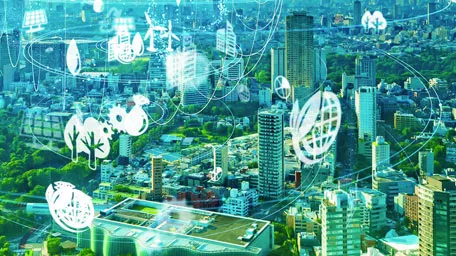 Circular food economy and packaging Futuristic city with circular food economy and packaging model